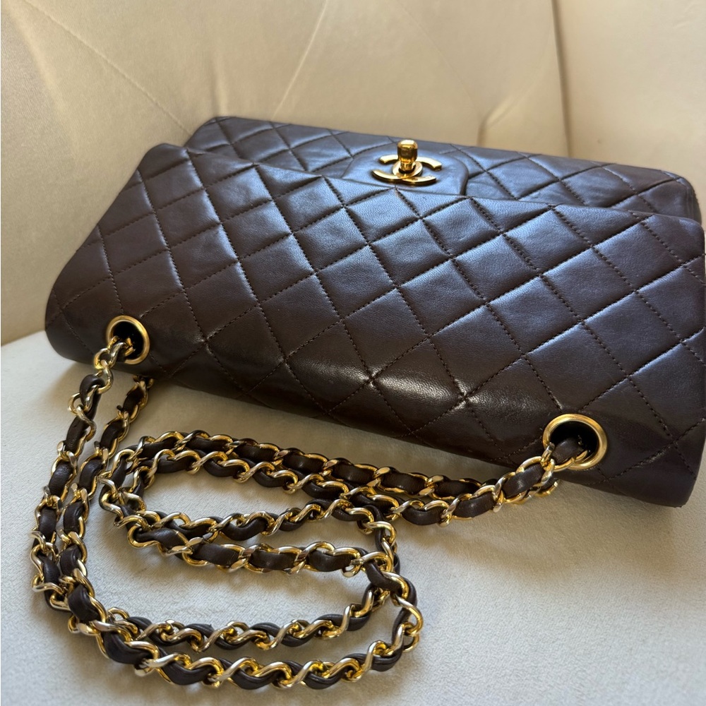 Rare🤎Chanel Classic Double Flap Brown Quilted Lambskin within 24K Gold Plated - Picture 13 of 16